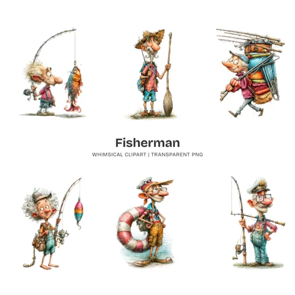 Fisherman Whimsical Clipart - 60 PNG, Grandpa Graphics, Rustic Lake Life Illustration, Humor Clipart, Commercial use, Digital download
