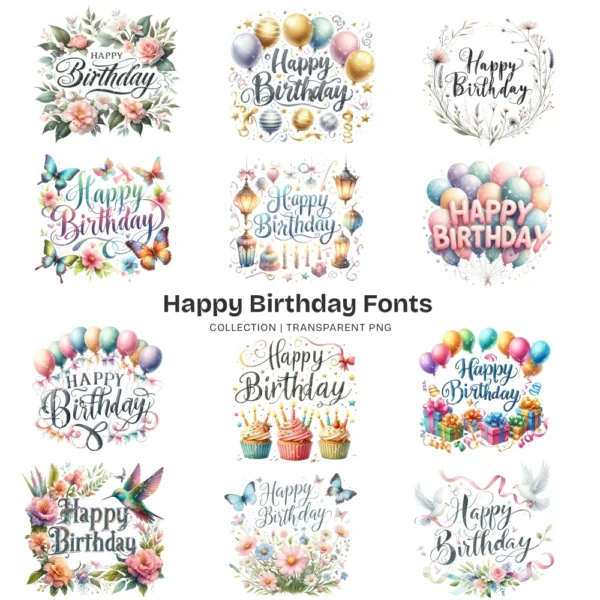 Happy Birthday Fonts PNG Clipart Collection - 200 PNG, Party Typography Graphics, Celebration Printables, Commercial use, Digital download