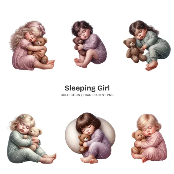 Sleeping Girl PNG Clipart Collection - 63 PNG, Sleeping Toddler Graphics, Baby Girl, Teddy Bear Printable, Commercial use, Digital download