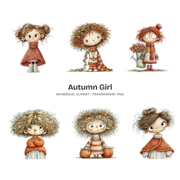 Quirky Autumn Girl Watercolor Clipart - 72 PNG, Fall Cozy Girl Graphics, Pumpkin Spice Coffee Illustration, Commercial use, Digital download
