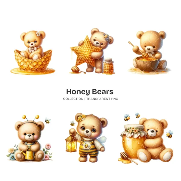 Honey Bears PNG Clipart Collection - 60 PNG, Cute Bumblebee Graphics, Teddy Bear, Bee Printables, Commercial use, Digital download