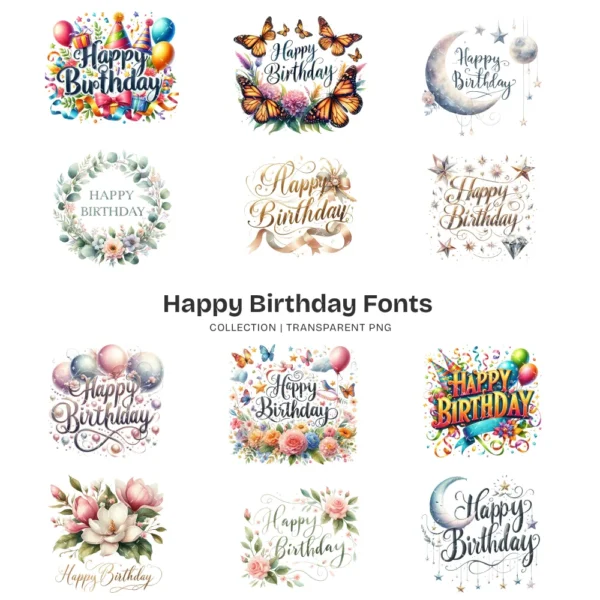 Happy Birthday Fonts PNG Clipart Collection - 200 PNG, Party Typography Graphics, Celebration Printables, Commercial use, Digital download