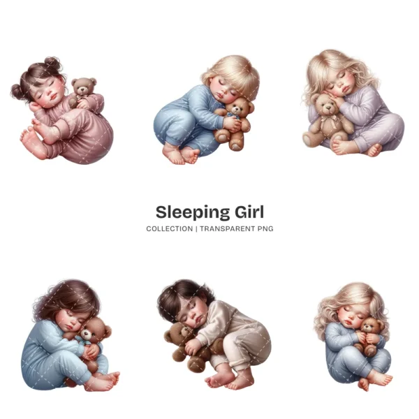 Sleeping Girl PNG Clipart Collection - 63 PNG, Sleeping Toddler Graphics, Baby Girl, Teddy Bear Printable, Commercial use, Digital download