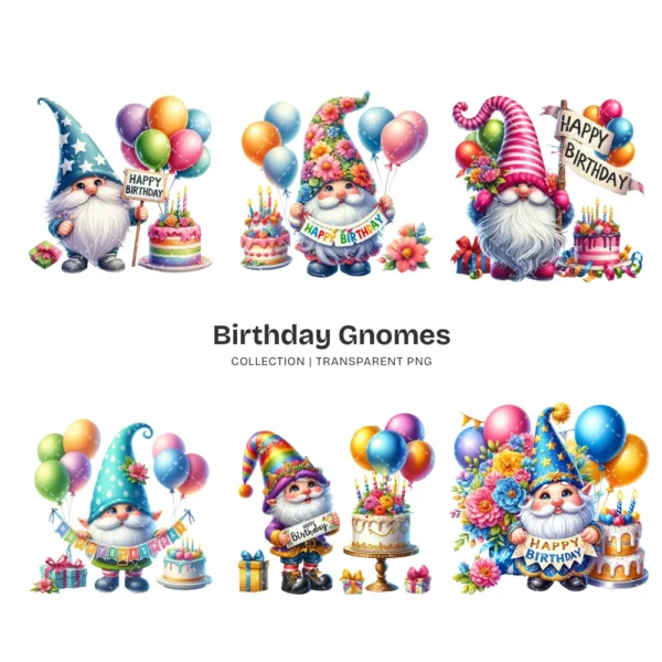 Birthday Gnomes PNG Clipart Collection - 62 PNG, Festive Graphics, Party Hat, Whimsical Printable, Commercial use, Digital download