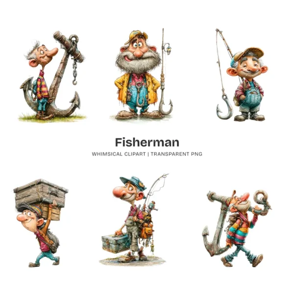 Fisherman Whimsical Clipart - 60 PNG, Grandpa Graphics, Rustic Lake Life Illustration, Humor Clipart, Commercial use, Digital download