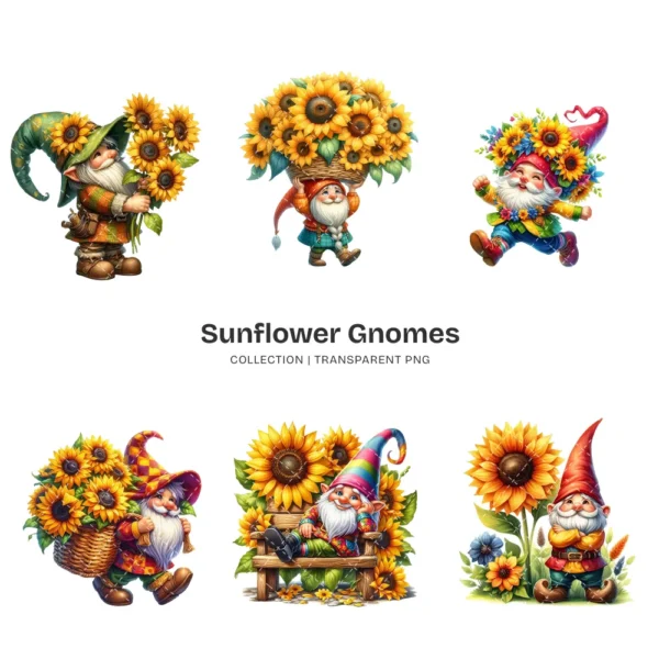 Sunflower Gnomes PNG Clipart Collection - 60 PNG, Floral Gnome Graphics, Gnome Party, Garden Printables, Commercial use, Digital download