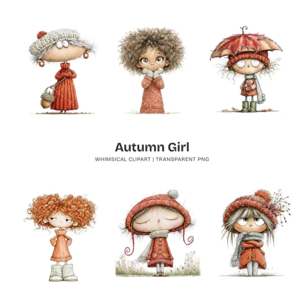 Quirky Autumn Girl Watercolor Clipart - 72 PNG, Fall Cozy Girl Graphics, Pumpkin Spice Coffee Illustration, Commercial use, Digital download