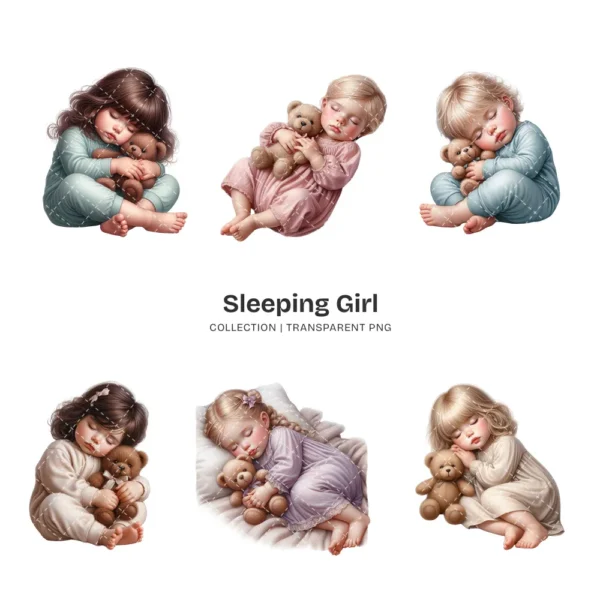Sleeping Girl PNG Clipart Collection - 63 PNG, Sleeping Toddler Graphics, Baby Girl, Teddy Bear Printable, Commercial use, Digital download