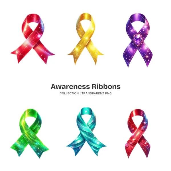 Awareness Ribbons PNG Clipart Collection - 60 PNG, Mental Health Graphics, Support Symbols Printable, Commercial use, Digital download