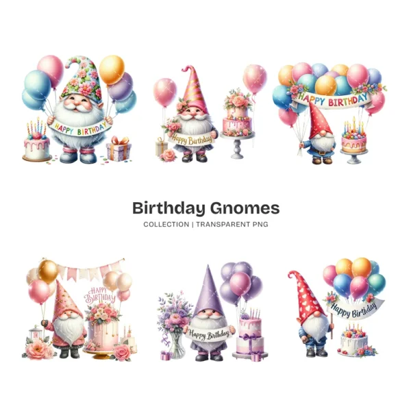 Birthday Gnomes PNG Clipart Collection - 62 PNG, Festive Graphics, Party Hat, Whimsical Printable, Commercial use, Digital download