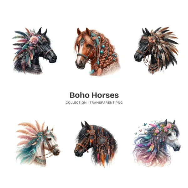 Boho Horses PNG Clipart Collection - 61 PNG, Bohemian Style Horse Graphics, Horses and Flowers Printable, Commercial use, Digital download