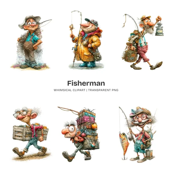 Fisherman Whimsical Clipart - 60 PNG, Grandpa Graphics, Rustic Lake Life Illustration, Humor Clipart, Commercial use, Digital download
