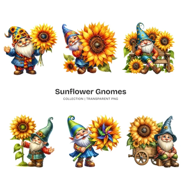 Sunflower Gnomes PNG Clipart Collection - 60 PNG, Floral Gnome Graphics, Gnome Party, Garden Printables, Commercial use, Digital download