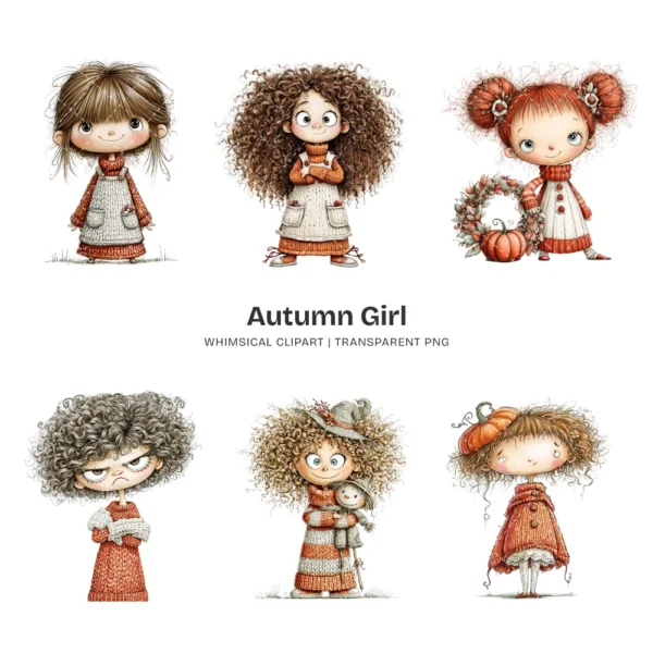 Quirky Autumn Girl Watercolor Clipart - 72 PNG, Fall Cozy Girl Graphics, Pumpkin Spice Coffee Illustration, Commercial use, Digital download