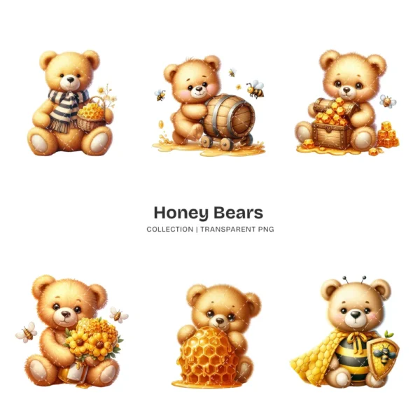 Honey Bears PNG Clipart Collection - 60 PNG, Cute Bumblebee Graphics, Teddy Bear, Bee Printables, Commercial use, Digital download