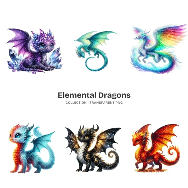 Elemental Dragons PNG Clipart Collection - 65 PNG, Fantasy Creature Graphics, Enchanted Printables, Commercial use, Digital download