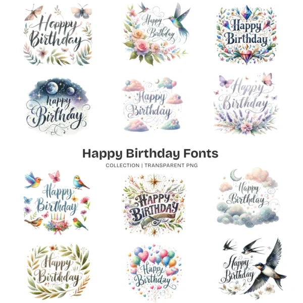 Happy Birthday Fonts PNG Clipart Collection - 200 PNG, Party Typography Graphics, Celebration Printables, Commercial use, Digital download