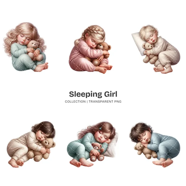 Sleeping Girl PNG Clipart Collection - 63 PNG, Sleeping Toddler Graphics, Baby Girl, Teddy Bear Printable, Commercial use, Digital download
