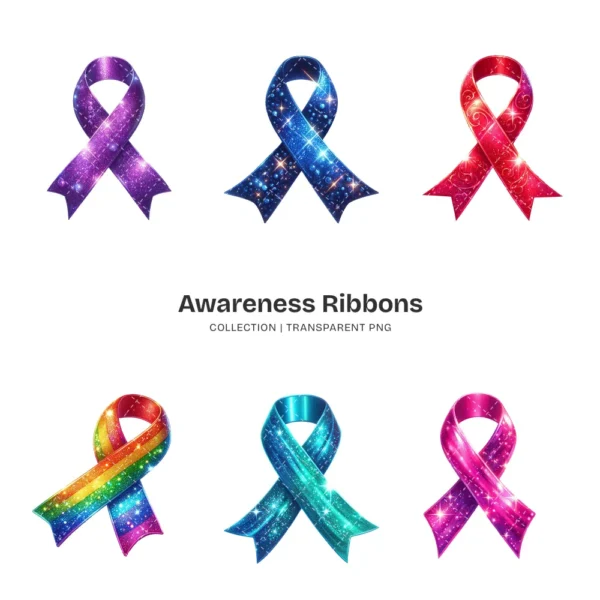 Awareness Ribbons PNG Clipart Collection - 60 PNG, Mental Health Graphics, Support Symbols Printable, Commercial use, Digital download