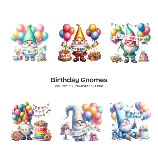 Birthday Gnomes PNG Clipart Collection - 62 PNG, Festive Graphics, Party Hat, Whimsical Printable, Commercial use, Digital download