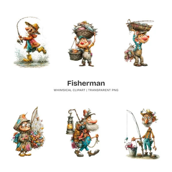 Fisherman Whimsical Clipart - 60 PNG, Grandpa Graphics, Rustic Lake Life Illustration, Humor Clipart, Commercial use, Digital download