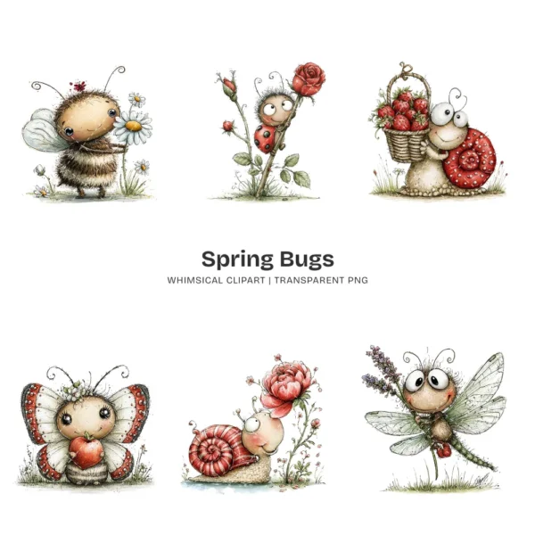 Spring Bugs Whimsical Clipart - 66 PNG, Insects Flowers Graphics, Garden Creatures Illustration, Commercial use, Digital download