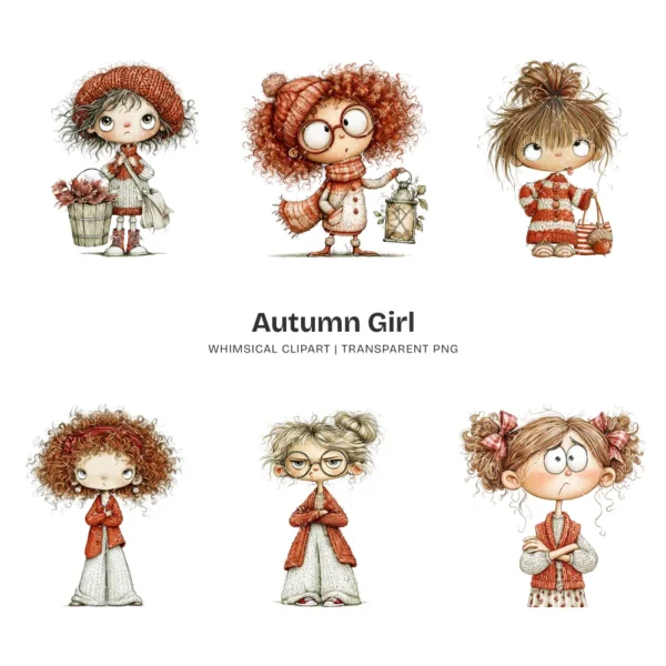 Quirky Autumn Girl Watercolor Clipart - 72 PNG, Fall Cozy Girl Graphics, Pumpkin Spice Coffee Illustration, Commercial use, Digital download