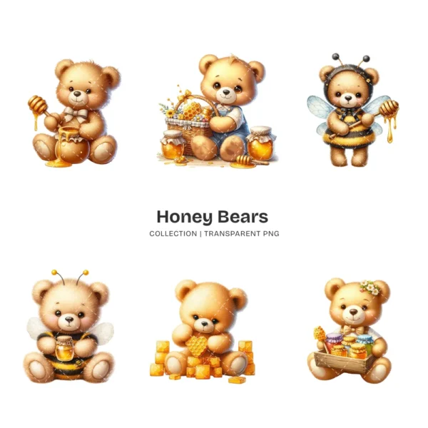 Honey Bears PNG Clipart Collection - 60 PNG, Cute Bumblebee Graphics, Teddy Bear, Bee Printables, Commercial use, Digital download