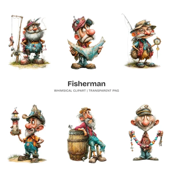Fisherman Whimsical Clipart - 60 PNG, Grandpa Graphics, Rustic Lake Life Illustration, Humor Clipart, Commercial use, Digital download