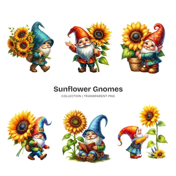 Sunflower Gnomes PNG Clipart Collection - 60 PNG, Floral Gnome Graphics, Gnome Party, Garden Printables, Commercial use, Digital download