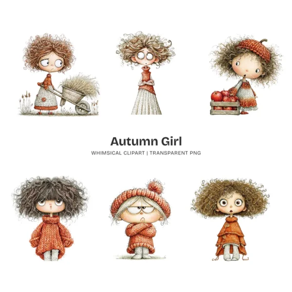 Quirky Autumn Girl Watercolor Clipart - 72 PNG, Fall Cozy Girl Graphics, Pumpkin Spice Coffee Illustration, Commercial use, Digital download