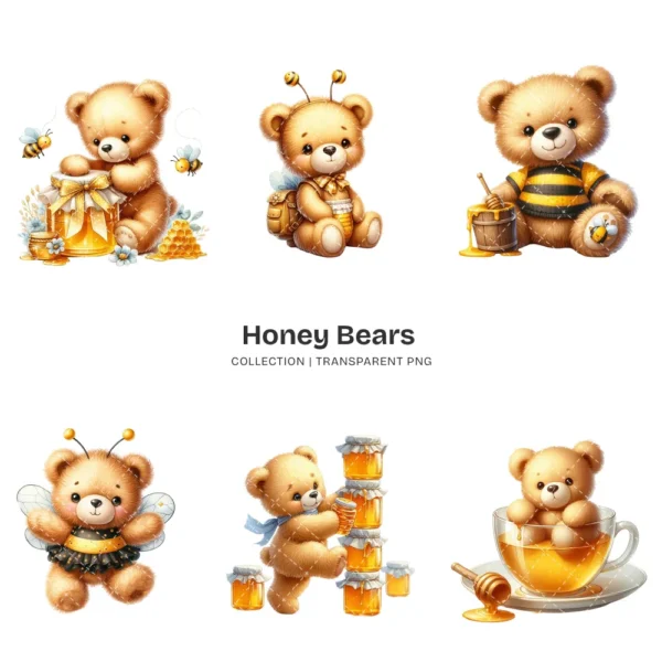 Honey Bears PNG Clipart Collection - 60 PNG, Cute Bumblebee Graphics, Teddy Bear, Bee Printables, Commercial use, Digital download