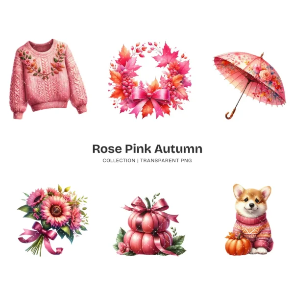 Rose Autumn PNG Clipart Collection - 60 PNG, Autumn Graphics, Pink Autumn, Coquette Fall Printables, Commercial use, Digital download