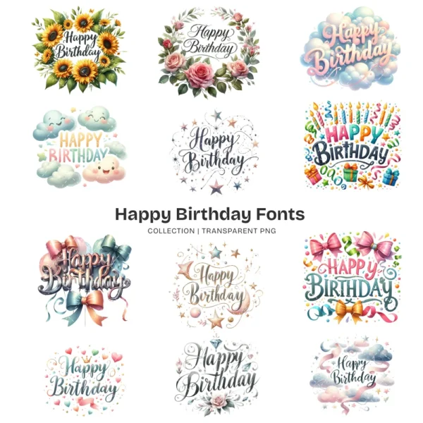 Happy Birthday Fonts PNG Clipart Collection - 200 PNG, Party Typography Graphics, Celebration Printables, Commercial use, Digital download