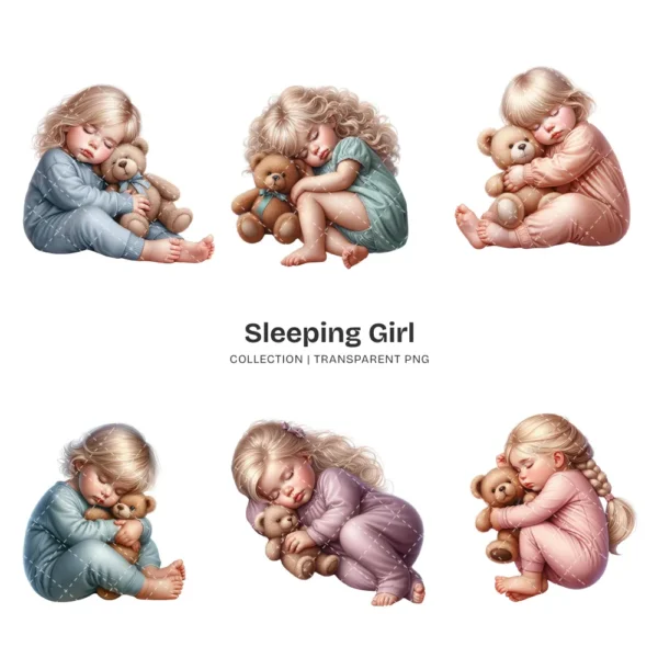 Sleeping Girl PNG Clipart Collection - 63 PNG, Sleeping Toddler Graphics, Baby Girl, Teddy Bear Printable, Commercial use, Digital download