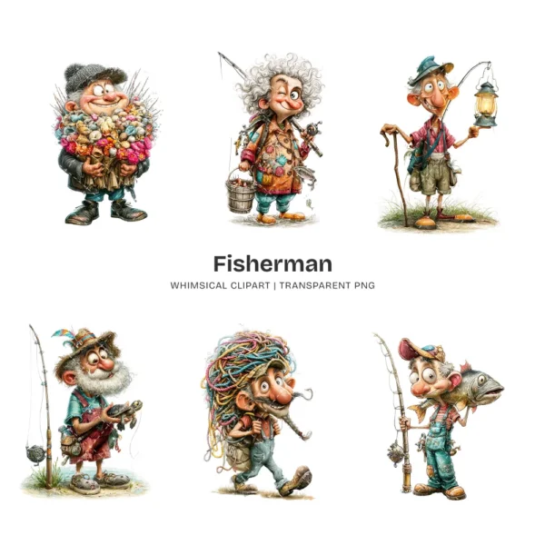 Fisherman Whimsical Clipart - 60 PNG, Grandpa Graphics, Rustic Lake Life Illustration, Humor Clipart, Commercial use, Digital download