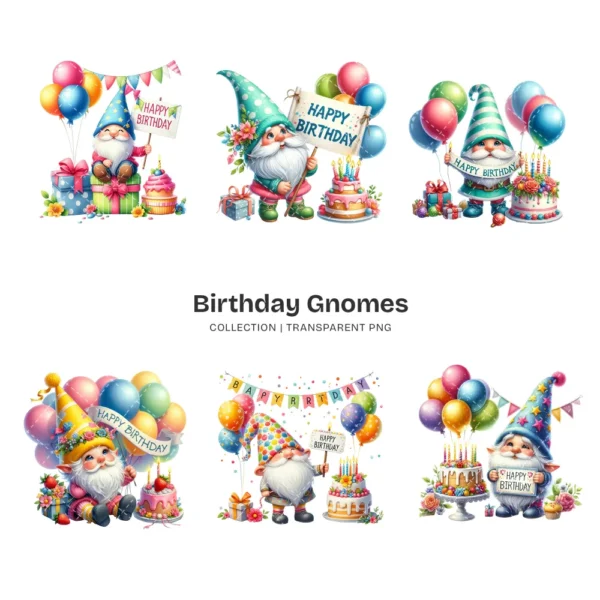Birthday Gnomes PNG Clipart Collection - 62 PNG, Festive Graphics, Party Hat, Whimsical Printable, Commercial use, Digital download