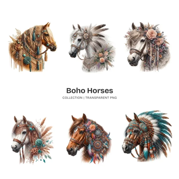Boho Horses PNG Clipart Collection - 61 PNG, Bohemian Style Horse Graphics, Horses and Flowers Printable, Commercial use, Digital download
