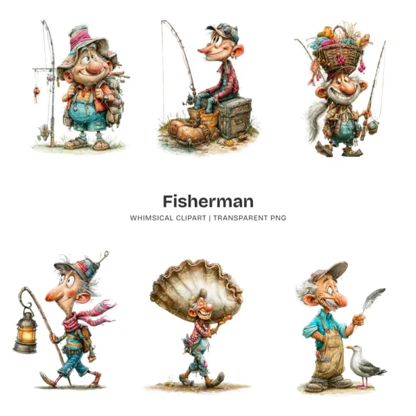 Fisherman Whimsical Clipart - 60 PNG, Grandpa Graphics, Rustic Lake Life Illustration, Humor Clipart, Commercial use, Digital download
