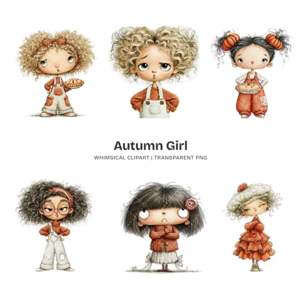 Quirky Autumn Girl Watercolor Clipart - 72 PNG, Fall Cozy Girl Graphics, Pumpkin Spice Coffee Illustration, Commercial use, Digital download