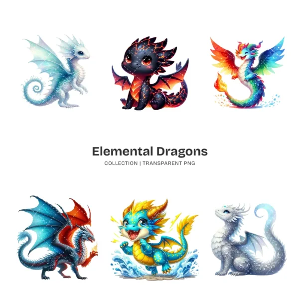 Elemental Dragons PNG Clipart Collection - 65 PNG, Fantasy Creature Graphics, Enchanted Printables, Commercial use, Digital download
