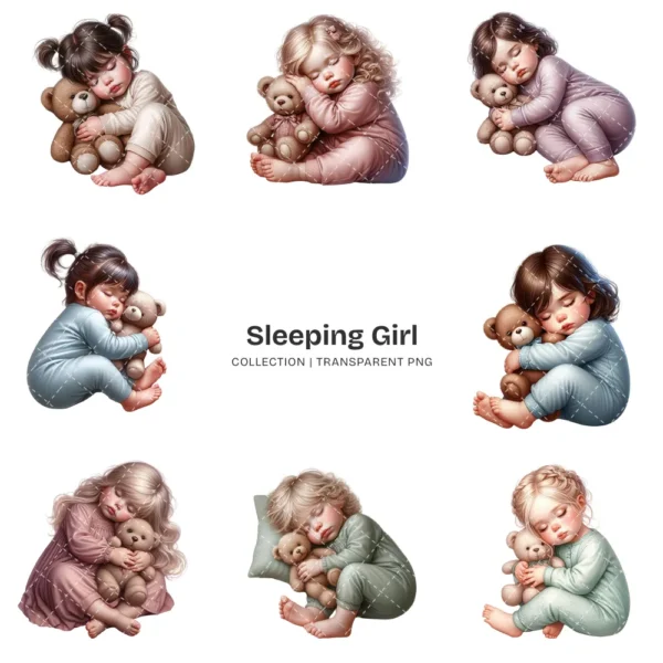 Sleeping Girl PNG Clipart Collection - 63 PNG, Sleeping Toddler Graphics, Baby Girl, Teddy Bear Printable, Commercial use, Digital download