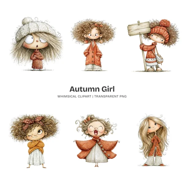 Quirky Autumn Girl Watercolor Clipart - 72 PNG, Fall Cozy Girl Graphics, Pumpkin Spice Coffee Illustration, Commercial use, Digital download