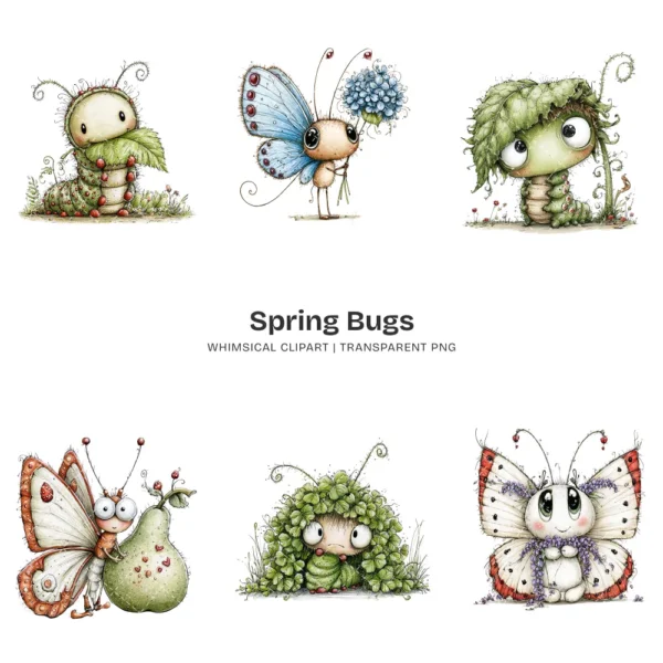 Spring Bugs Whimsical Clipart - 66 PNG, Insects Flowers Graphics, Garden Creatures Illustration, Commercial use, Digital download