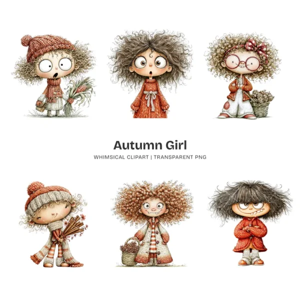 Quirky Autumn Girl Watercolor Clipart - 72 PNG, Fall Cozy Girl Graphics, Pumpkin Spice Coffee Illustration, Commercial use, Digital download