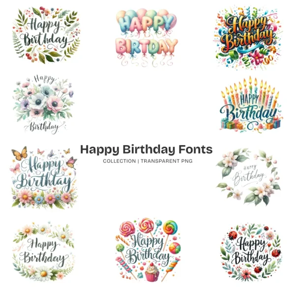Happy Birthday Fonts PNG Clipart Collection - 200 PNG, Party Typography Graphics, Celebration Printables, Commercial use, Digital download
