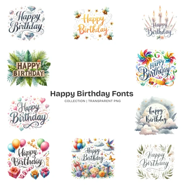 Happy Birthday Fonts PNG Clipart Collection - 200 PNG, Party Typography Graphics, Celebration Printables, Commercial use, Digital download