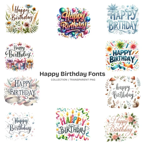 Happy Birthday Fonts PNG Clipart Collection - 200 PNG, Party Typography Graphics, Celebration Printables, Commercial use, Digital download