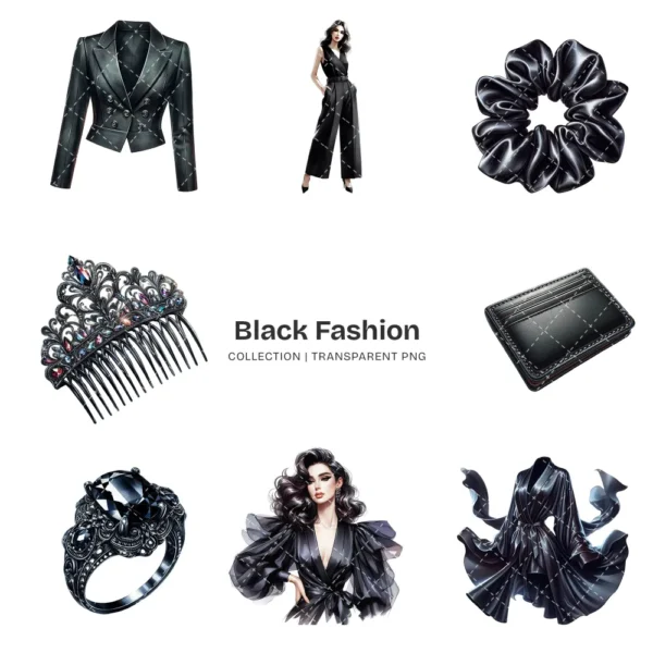 Black Fashion PNG Clipart Collection - 100 PNG, Black Lovers Graphics, Wedding Elements Printable, Commercial use, Digital download