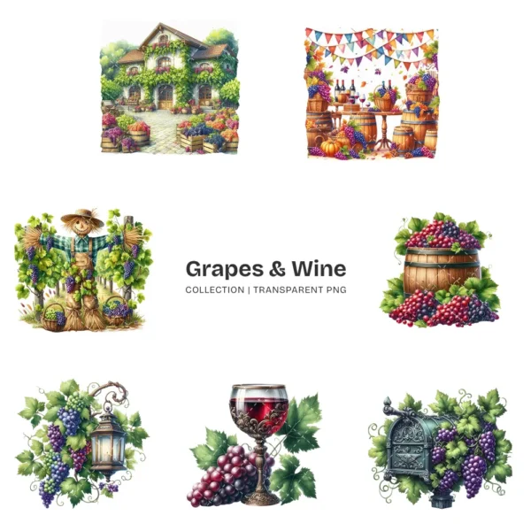 Grapes & Wine PNG Clipart Collection - 102 PNG, Fruit Graphics, Cocktail, Alcohol, Champagne Printables, Commercial use, Digital download